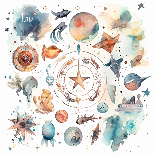 astrology symbols, galaxy, stars, whimsical dreamy style, muted colors vector digital painting, white background