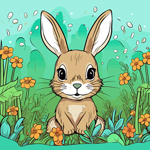 baby bunny in a green meadow vector, detail design, colorful, contour, white background