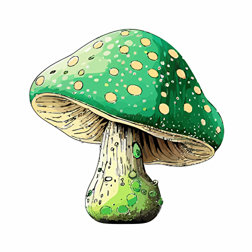 handdrawn green amanita mushroom, vector art, morandi colours, isolated white background