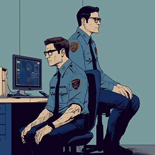 clark kent and security guard, concept art, vector drawing, sitting down in front of a computer, two people, security guard looking over shoulder