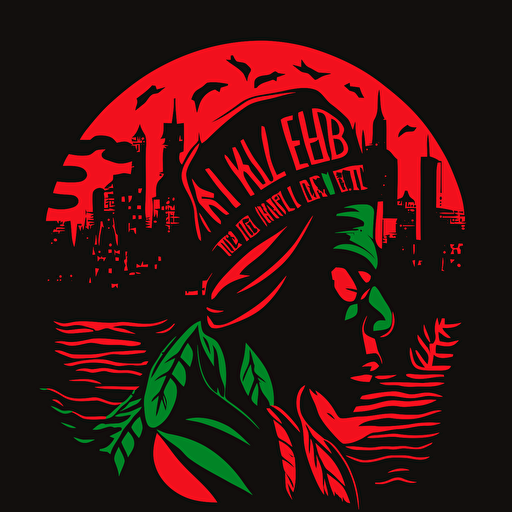 brooklyn view in a tribe called quest cover style, red and green on black background, vector illustrated, flat design