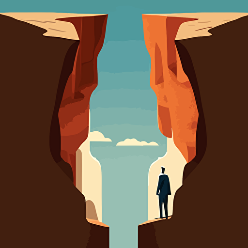 2d vector illustration, one businessman is on the top left of a gap between two mountain cliffs. Simple, bright. 1600x1200px