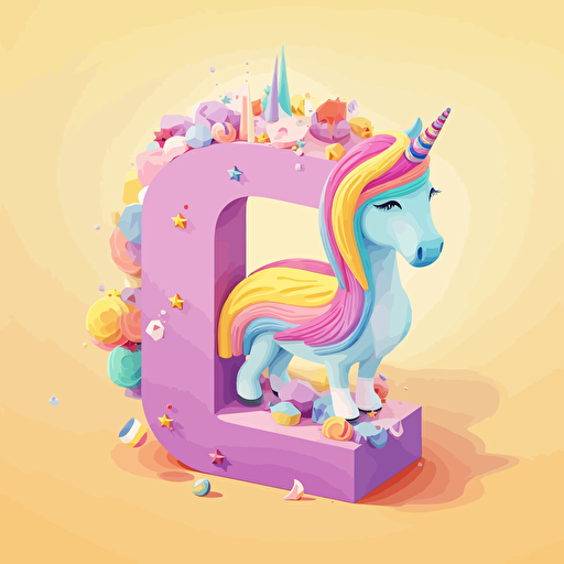 The letter "e" made from cheerful logo, with funny unicorn, vector style, cartoon, isometric,colourful