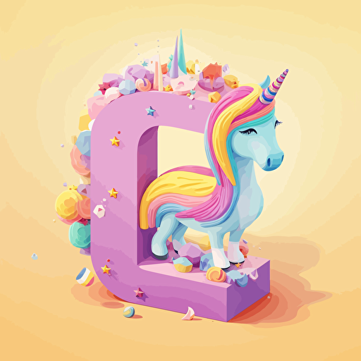 The letter "e" made from cheerful logo, with funny unicorn, vector style, cartoon, isometric, vector illustration