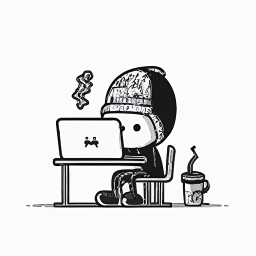 back and white vector, doodle stickman, man in the cap sitting at the computer with coffee