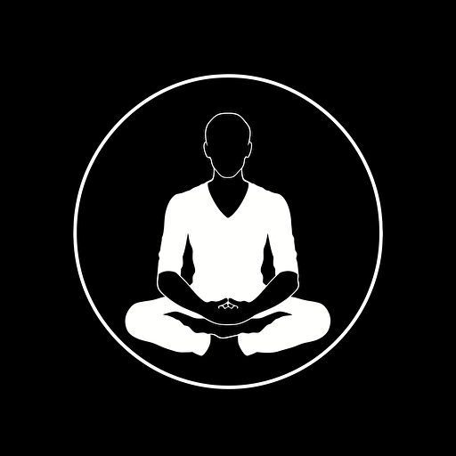 [simple, sharp, modern] iconic logo of [man in seated meditation pose], white [vector], on [black] background