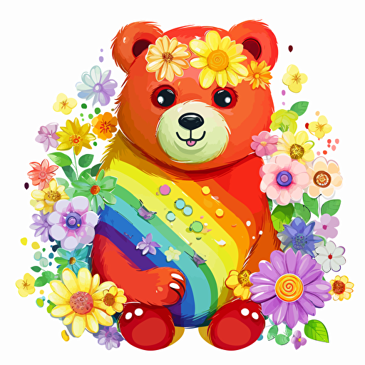 rainbow bear, flowers, detailed, cartoon style, 2d clipart vector, creative and imaginative, hd, white background