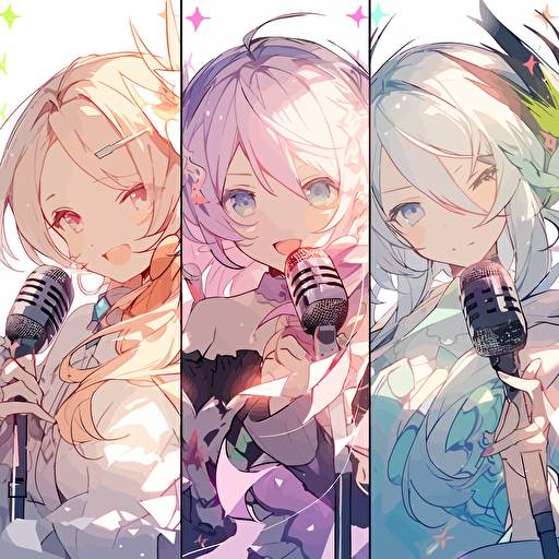 a group of 4 singers, cel shading, clear vector art, bright colors, light smiles, pastel colors
