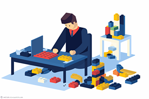 Person in an office playing with a Lego set, flat style illustration for business ideas, flat design vector, industrial, light and magical, high resolution, entrepreneur, colored cartoon style, light indigo and dark indigo, cad( computer aided design) , white background