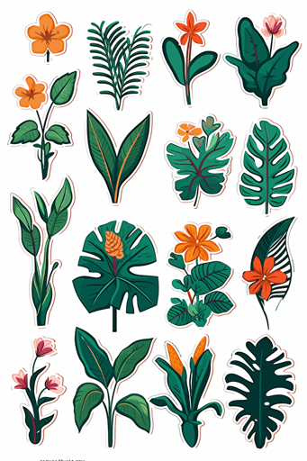 collection of stickers with outline, green plants, palm, flowers, vector, minimalistic style, white background