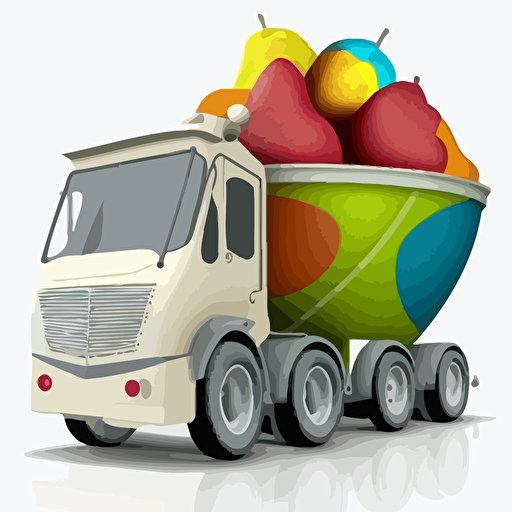 concrete mixer truck full of pears fruit, colorfull, vivid colors, white background, vector style