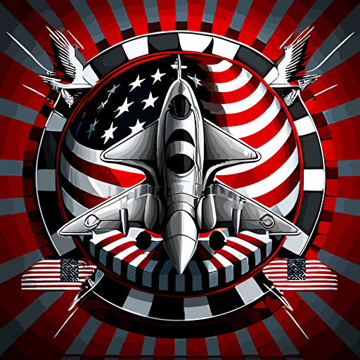 red, white, black, chess board, silver f18 jet in circle, badge, american flag, stars, stripes, jet , rook chess piece, vector art, illustration, 2d, detailed