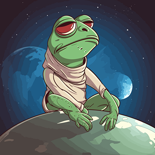 pepe, 2d vector, cartoon, rich pepe, staring at the earth from the moon