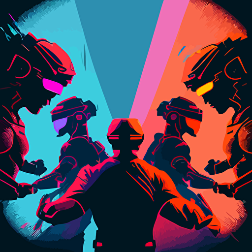 a silhouette of 4 people wearing VR headsets facing off in a battle arena, flat, vectorized, futuristic colors