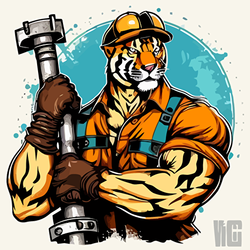 tiger with muscular man body and hard hat with large pipe wrench resting on shoulder in industrial background in the oil field, vector art, cartoon, white background, tough, dirty, mean, blue collar work