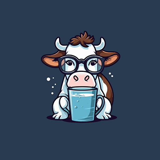 Cute Cow wearing glasses and drinking milk, comic vector illustration style, flat design, minimalist logo, minimalist icon, flat icon, adobe illustrator, cute, Simple