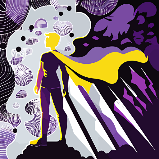 Modern, vector, illustration of heroic clever, non-binary person following dream to gather tribe. In colors purple, yellow, gray and white.