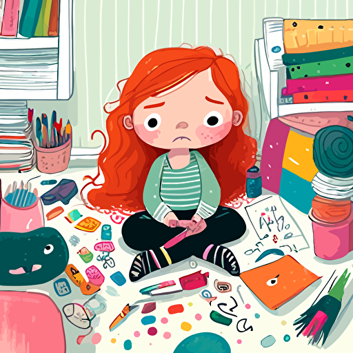 emma, a 7 year old girl with red hair and freckles sits cross-legged on her bedroom floor. She is surrounded by art materials, sketch pads and colorful pencils. Her walls are adorned with her artwork, creating a whimsical room. vector style with soft dreamy qualities