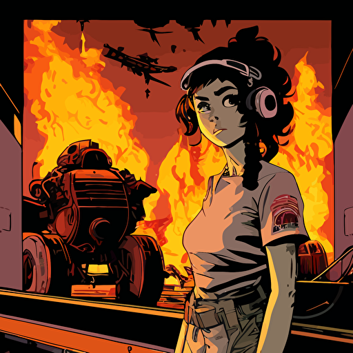 :Monkey discovers fire. A human-machine hybrid leans over her, smiling sardonically.. Vector illustration, 80s hip hop style of Katsuhiro Otomo