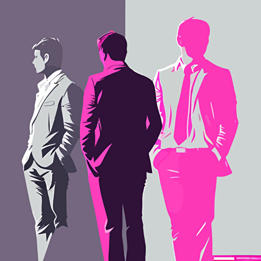 3 man, Relaxed, Motivation, pink color, gray background, simple design, vector style, white outline over silhouette