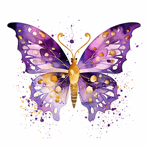 whimsical and cute watercolor butterfly design in purple and gold, vector