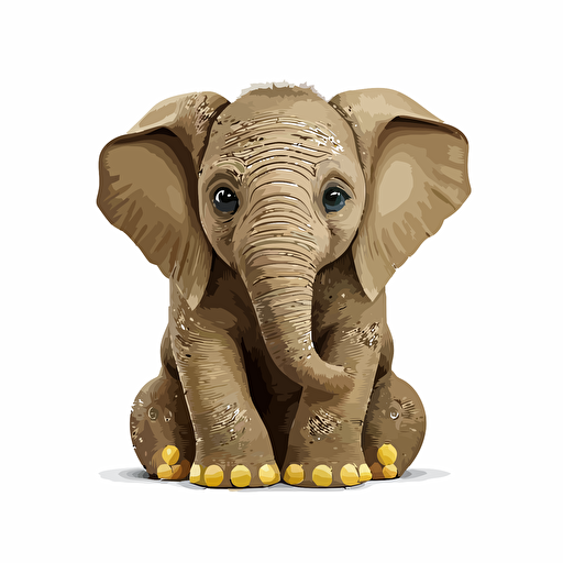 sitting baby elephant with large eyes, vector style, white background