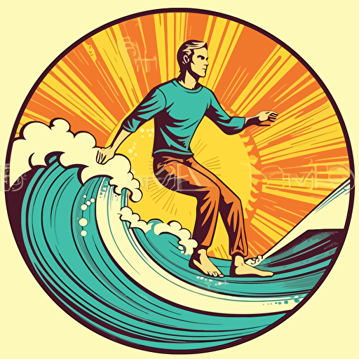 retro vector illustration, surf's up, surfer, sun setting, circle composition, 1970s, comic book style, orange and yellow and teal colours