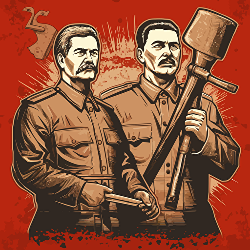 Putin and Stalin holding hammers in Obey theme, vector, highly detailed, gritty
