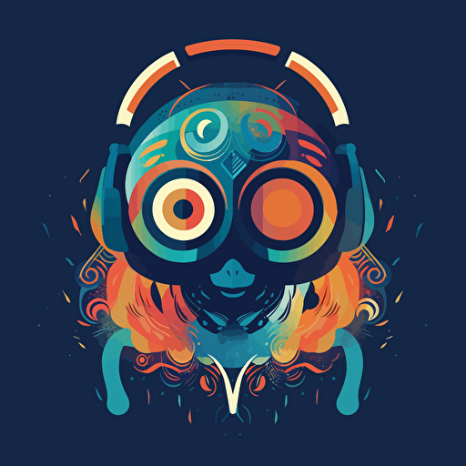 a little headphones creature from another universe, illustration, logo design, vector, triadic colours, simple