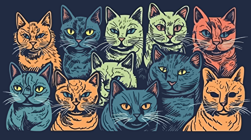 vector art style, various colorful cats with different expressions, in the style of Michael Parks,