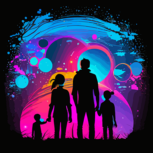 silhouette of a family overlooking a new universe with VR headsets on, vectorized, neon colors