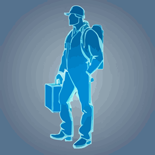 silhoette of professional tradesman, blue color, gray background, simple design, vector style, white outline over silhouette