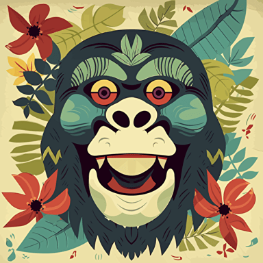 Hardy gorilla head, bared teeth, fraktur folk art, simple, naïve, colorful, bright, flat, vector, on parchment, surrounded by lots of lush foilage,