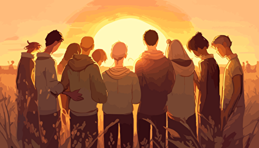 WIDE ANGLE shot. A warm sunny summer day nearing sunset as background context. vector art, softly colored. a small group of modern day people have gathered to pray, They are huddled closely together praying with heads bowed and holding each other's hands while they pray enthusiastically, facing the horizon.