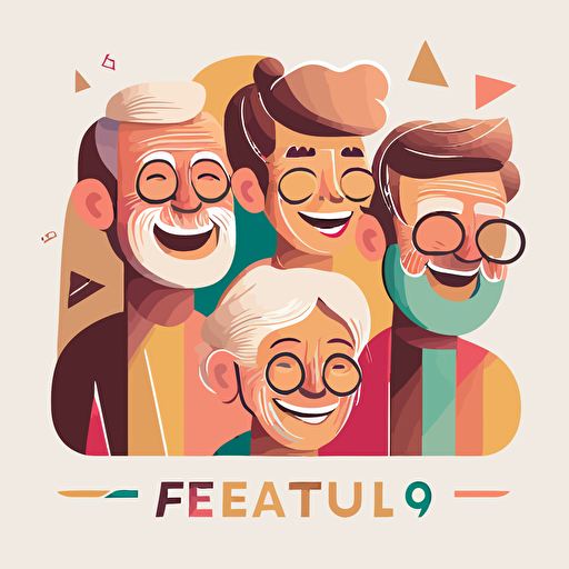 a group of 50 years old people working on a community project, smiling, pastel colours, abstract vector illustration well defined style