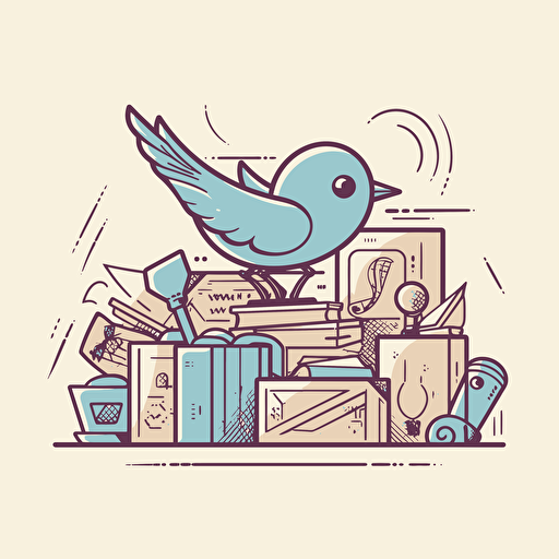 Blue bird flying over gift boxes holding a magnifying glass. doodle style vector minimalist