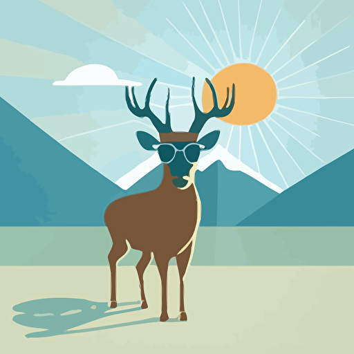 deer in sunglasses with rolling hills in the background and sun with rays at center top flat color vector art