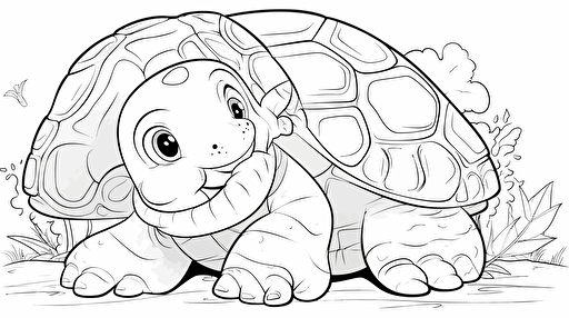 a cute turtle hugging with an elephant, disney cartoon style, black and white, coloring page, vector, hd