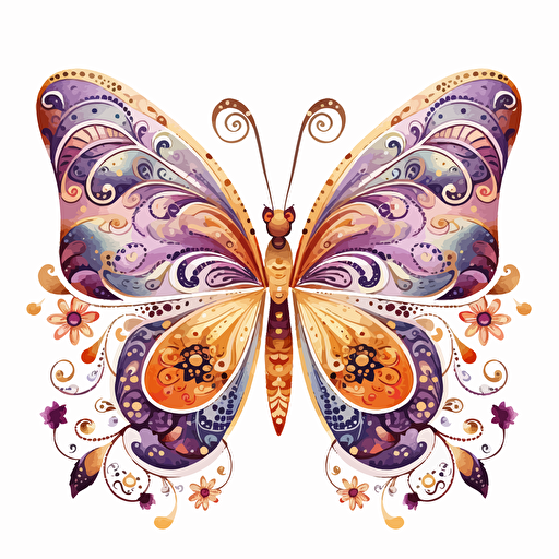 whimsical floral butterfly design in Gold, watercolor, detailed, vector