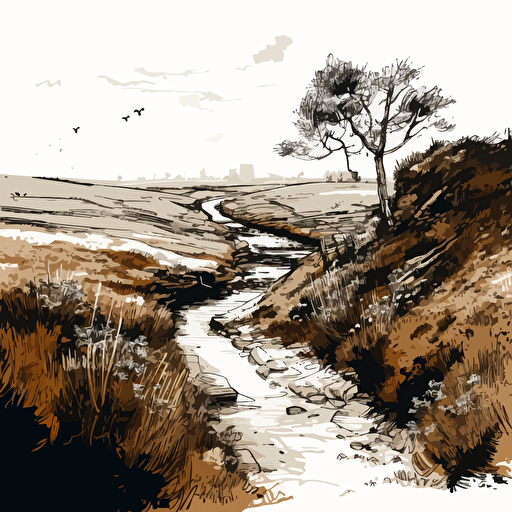 vector ink drowing style with details only white background only two colors yorkshire moors
