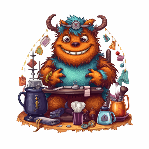 vector illustration, logo, a nice tailor monster, sewing professional, happy, warm colors, detailed