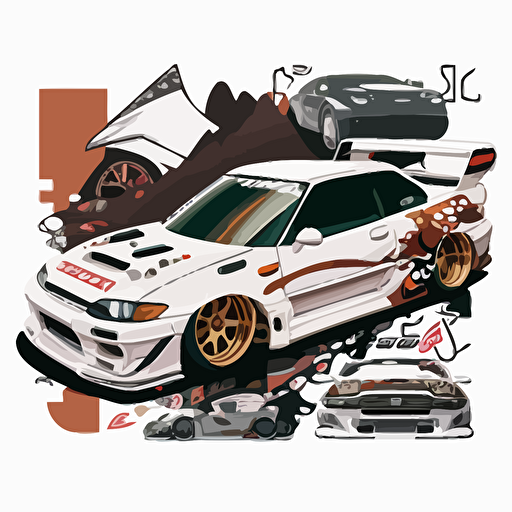 jdm car with lots of designs on it, sticker, vector, white background