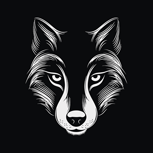 Wolf eyes closed, Banksy style, black background, large closed shapes, fantasy roboter, white space to fill, abstract, artistic, pen outline, white background, very simple, full field of view, centre, minimalistic logo vector art , simple flat vector logo