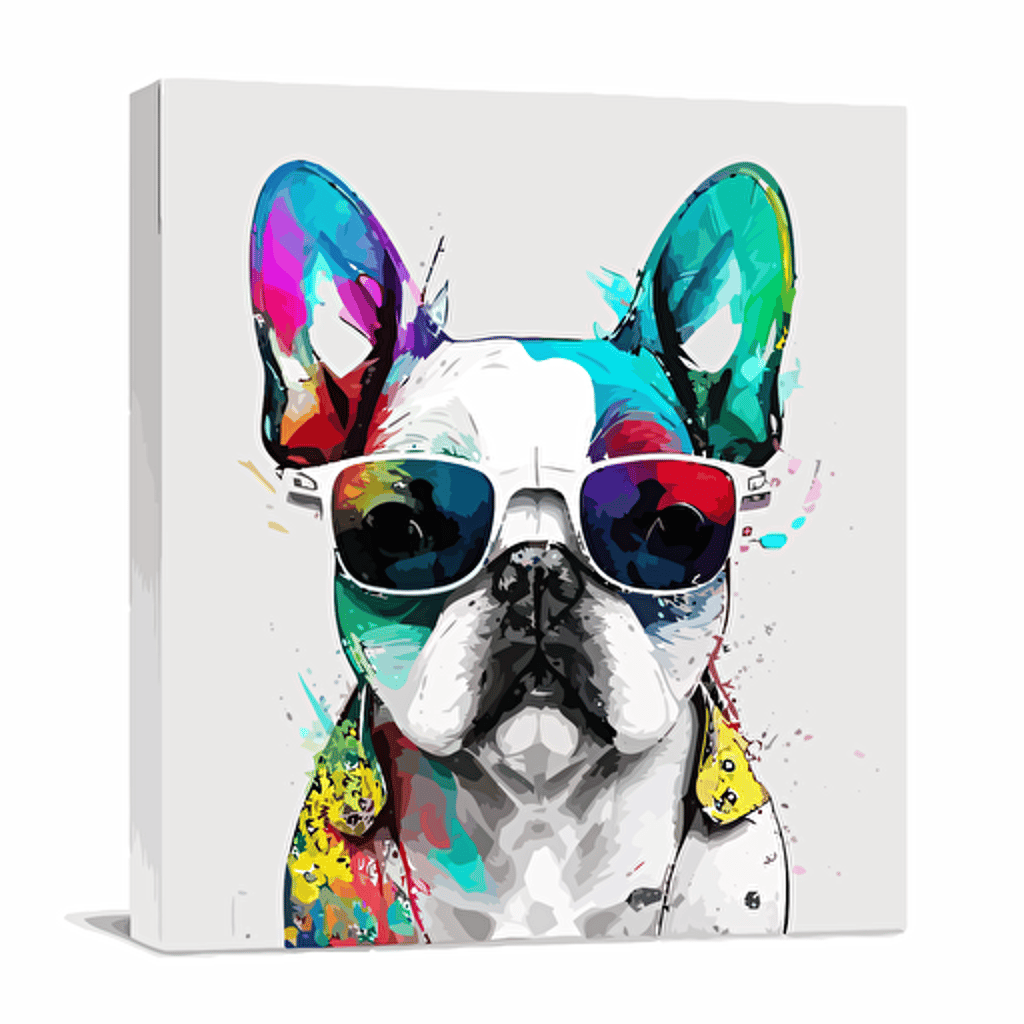 a very cute white french bull dog wearing big sunglasses, as a cartoon type, as a vector, white background, bright graffiti colors