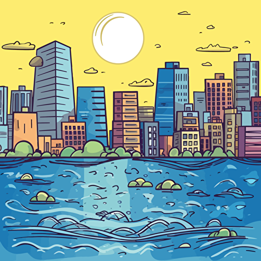 A city with water levels rising around it, award winning cartoon drawing, clipart, animation, bright colors, vector