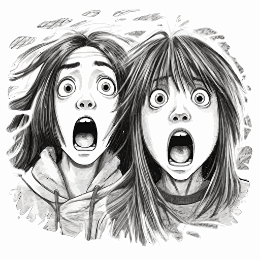 sketch manga anime style, two girls and one long haired boy screaming out loud, big eyes, heads only, black and white vector art, line drawing