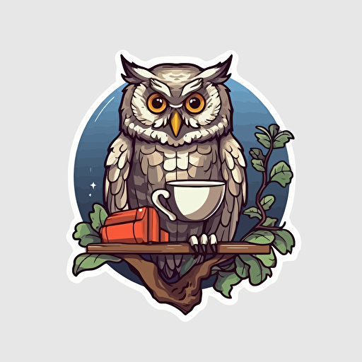 an owl reading a book, vector, illustration for sticker, illustrator, barista style, gray background, high resolution,
