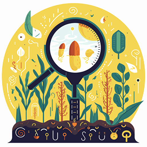 a cheerful professional scientific vector image showing corn plants roots with a magnifying glass showing soil microbes and DNA