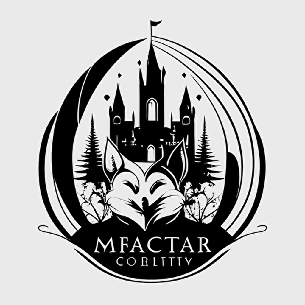 a creative logo for "McCarthy Choral", similar to a crest, with a tiny fox near the bottom, with a large cathedral in the background, with a forest, black and white, white background, flat vector