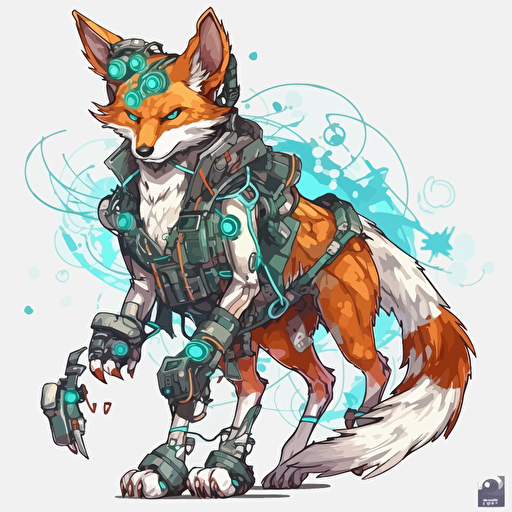 animal mount anime fox cyber punk, BLU and green gemmes white background, cartoon 2d, cartoon anime, Vector illustration, white background